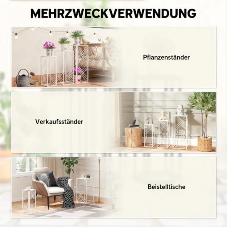 Outsunny Blumenständer 3er-Set Blumenregal, Blumenhocker, Blumentopfständer, aus Metall (stapelbar Pflanzenregal, 3 St, Pflanzenständer), für Wohnzimmer, Garten Balkon Deko, Weiß – Bild 6