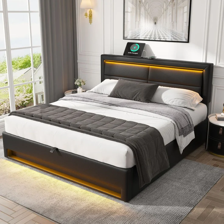 Merax Polsterbett, Doppelbett, 140x190 cm, mit USB-Anschluss (unterstützt kabelloses und kabelgebundenes Laden), LED-Beleuchtung und Stauraum, PU, schwarz – Bild 2