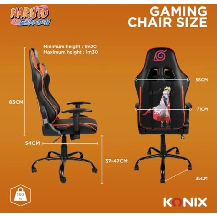 Konix Naruto Shippuden Premium-Gaming-Bürostuhl - Sitzneigung 150° - PVC-Leder - Lenden- und Nackenkissen - Naruto Hokage-Motiv – Bild 3