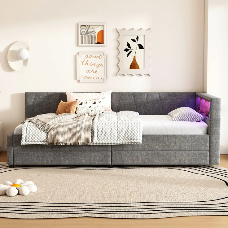 Wohnora-Daybett, 90*200cm, Tagesbett, Schlafsofa, Ablagefach am Bett, USB+Typ C, , Bett mit zwei Schubladen, Bett mit Lattenrost (ohne Matratze), Leinen, Grau,Grau – Bild 4