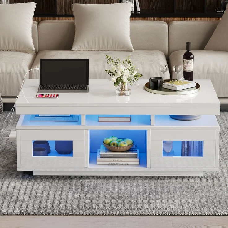 Couchtisch mit Hochglanzoberfläche, LED-Lichtstreifen & Stauraum, 100x50x43 cm, Weiß – Bild 3