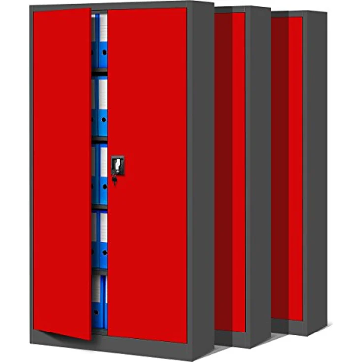 Jan Nowak 3er Set Aktenschrank C001 Metallschrank Stahlschrank Werkzeugschrank Büroschrank Lagerschrank Universalschrank Pulverbeschichtung Flügeltüren 185 x 90 x 40 cm (anthrazit/rot) – Bild 2