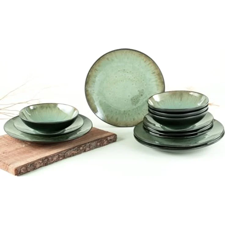 Creatable Tafelservice Jawa, 12-teiliges Geschirrset aus Keramik in Grün und Schwarz, lebensmittelecht und stapelbar, abstraktes Design – Bild 2