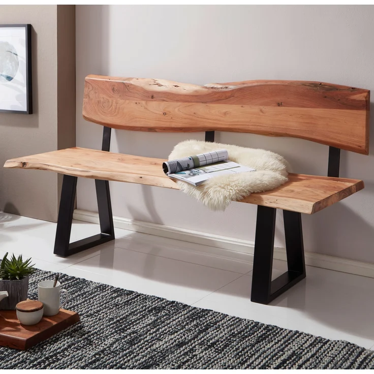 Esszimmerbank GAYA 160cm Akazie Massivholz Baumkante Landhausstil mit Lehne – Bild 2