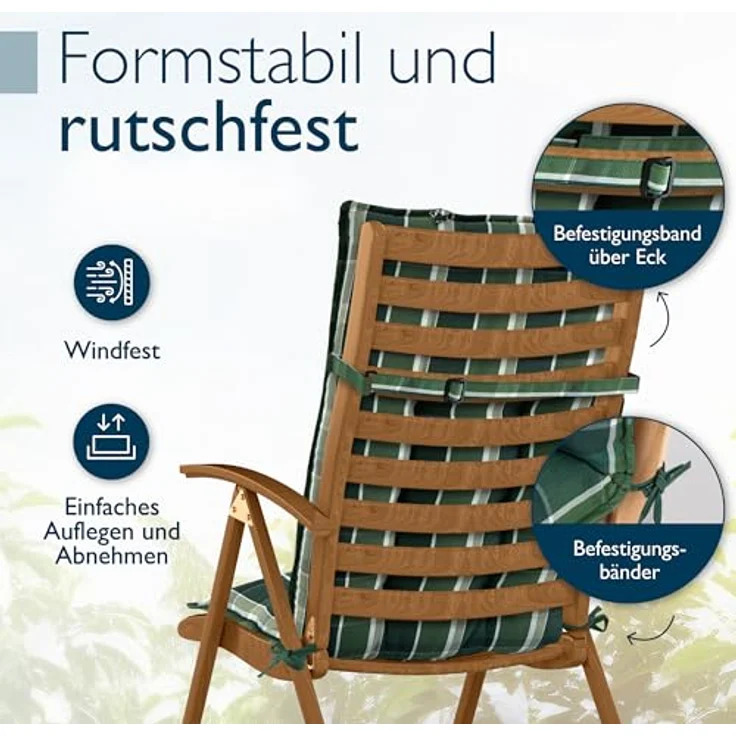 Beautissu Hochlehnerauflage 6er Set Sun-HL, 120x50x8 cm, Grün-Kariert, mit Kopfpolster, rutschfest, UV-Schutz 5, robust – Bild 4