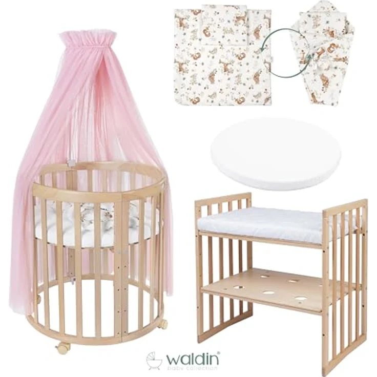 Waldin Oval Baby-Bett Mitwachsend Komplett Set 7in1, Gitterbett, Kinderbett mit Matratze, Wickelkommode, Beistellbett, Holz Natur, Stoffe Rosa Tiere – Bild 3