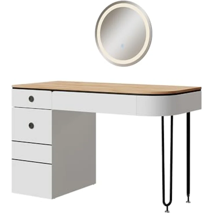 Vichy Schminktisch Mia, Weiss/Naturholz, 120 cm mit LED-Beleuchtung und grosszügigem Spiegel (55 x 55 x 77 cm) – Bild 4