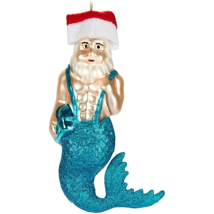BRUBAKER Weihnachtsbaumkugel Meerjungmann - Handbemalte Weihnachtskugel aus Glas (1 St), - 14 cm Baumkugel Unterwasser Weihnachtsmann mit Sixpack