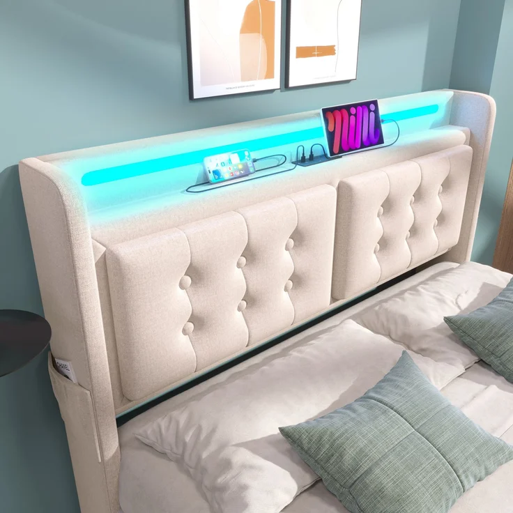 Polsterbett 180x200 cm mit LED & Ladefunktion, 4 Schubladen, Baumwoll-Leinen-Bezug, Beige – Bild 6