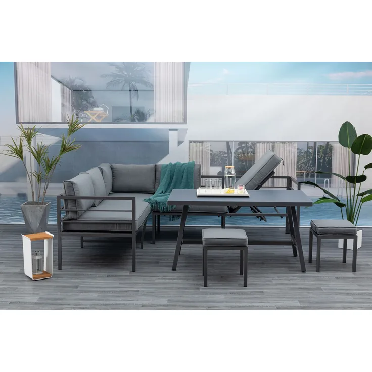 Gardissimo 'Lima' Dining Ecklounge mit Esstisch, 2 Hocker und Auflagen, Aluminium anthrazit