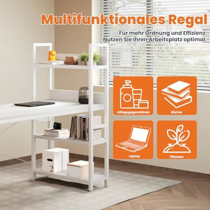 Sweetcrispy Schreibtisch mit Seitlichem Regal & Verstellbaren Füßen, 120 cm breiter Bürotisch, Starker Computertisch mit Ablagefläche, Einfacher Montage, Weiß – Bild 5