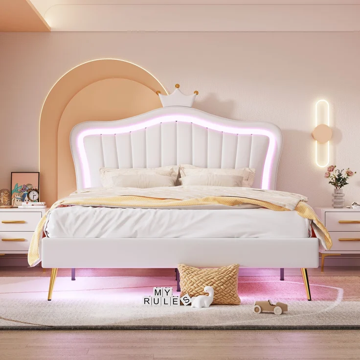 Kinderbett Muschelform mit Krone, LED Beleuchtung, Kunstleder Polsterbett 140x200 cm, stabiler Rahmen, leicht zu reinigen – Bild 3