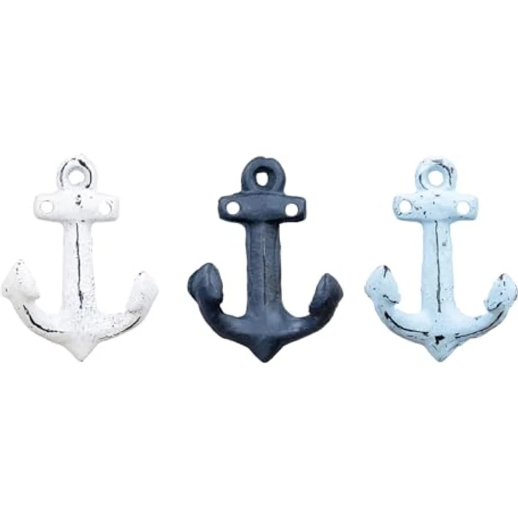 Levandeo® Garderobenhaken, 3er Set Anker Wandhaken Blau Weiß Metall Garderobenhaken Maritime – Bild 2