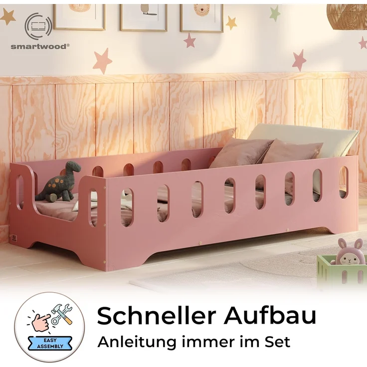 smartwood Kinderbett Bodenbett 140x190 mit Rausfallschutz & Lattenrost - Rosa - Kinder Montessori Bett TILA 2B mit glatten Kanten - Betten für schnelle Montage - Bis 300 kg belastbar – Bild 4