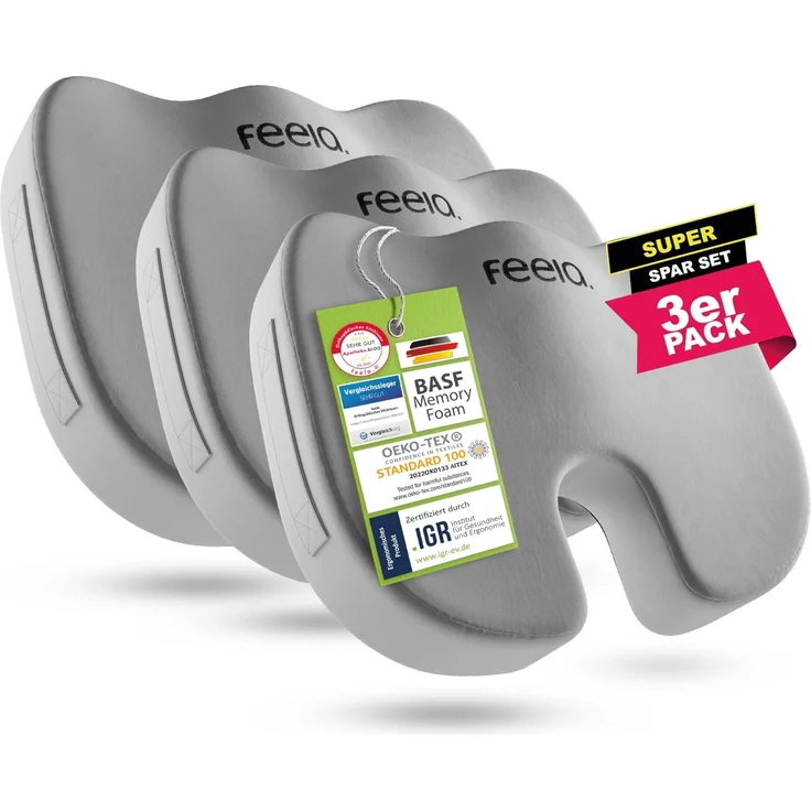 feela.® Orthopädisches Sitzkissen [3 Härtegrade] TESTSIEGER – Ergonomische Sitzkissen für Bürostuhl & Auto – Schmerzlindernd, Steißbein entlastend, Sitzkomfort erhöhend (3er Set, Medium)