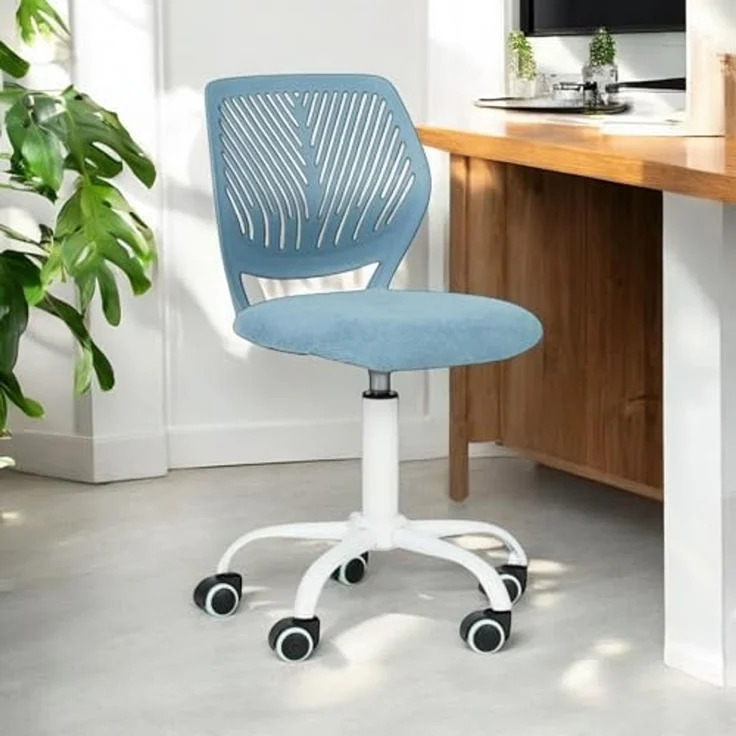 FurnitureR Blauer Schreibtischstuhl, modernes Design, robuster Kunststoff mit gepolstertem Komfortsitz, vielseitiger Gebrauch für Zuhause, Büro, platzsparend, mit Mobilitätsrollen, Geschenk für Kinder – Bild 3