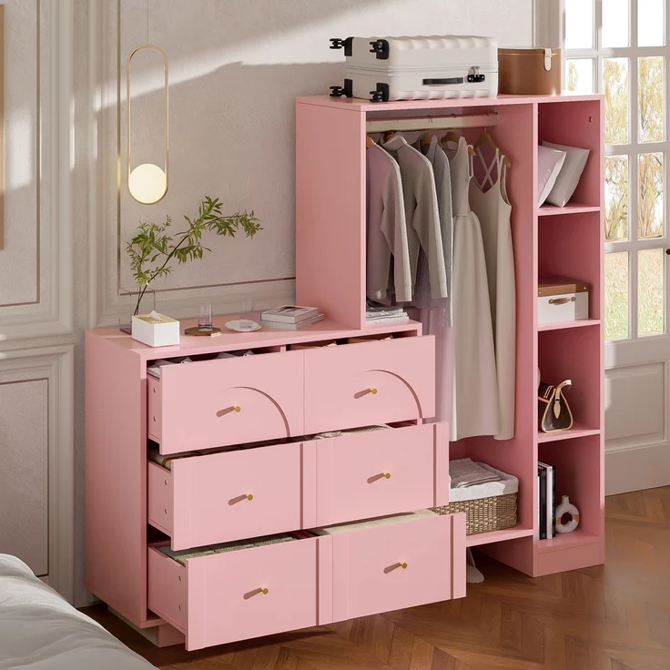 Wohnora-Moderner Mehrzweck-Kleiderschrank, offene Garderobe mit Kleiderstange, 6 Schubladen und Seitenregalen, Schlafzimmer-Aufbewahrungsschrank, Rosa, 139 × 35 × 133 cm,H 133cm x T 139cm x B 35cm – Bild 3