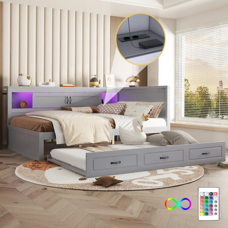 Massivholzbett mit Gästebett und LED-Beleuchtung (140x200 cm) Doppelbett, Jugendbett mit Lattenrost, Kiefer, grau – Bild 3