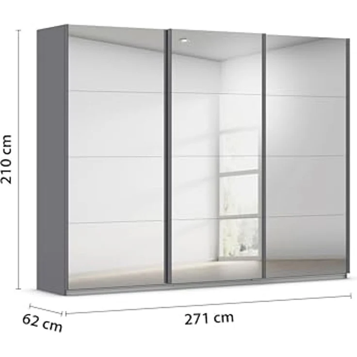 Rauch Möbel Kulmbach, Kleiderschrank mit Schwebetüren für Schlafzimmer, Kinderzimmer, Jugendzimmer, Garderobe, Flur, 3-türig, mit Spiegel, Zubehör Basic, Farbe Grau metallic, Schwarz, Breite 271 cm – Bild 3