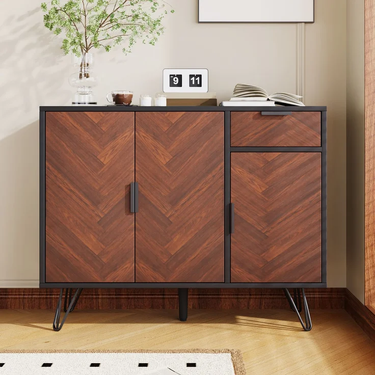 Merax Moderner Aufbewahrungsschrank, Sideboard in Schwarz und Holzoptik mit Schublade und höhenverstellbaren Einlegeböden (90 x 30 x 71,5 cm) – Bild 6