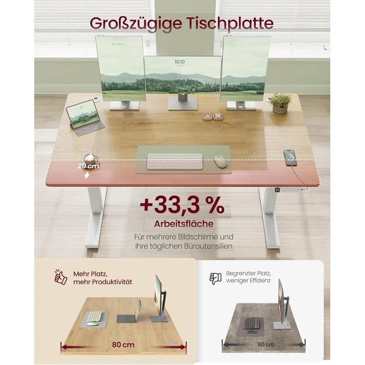 VASAGLE Höhenverstellbarer Schreibtisch, 140x80 cm, USB-C-Anschluss, Ablage für Steckdosenleiste, Stehtisch, Erinnerung bei langem Sitzen, 3 Speichertasten, für Büro, goldeichenfarben LSD144YA02 – Bild 4