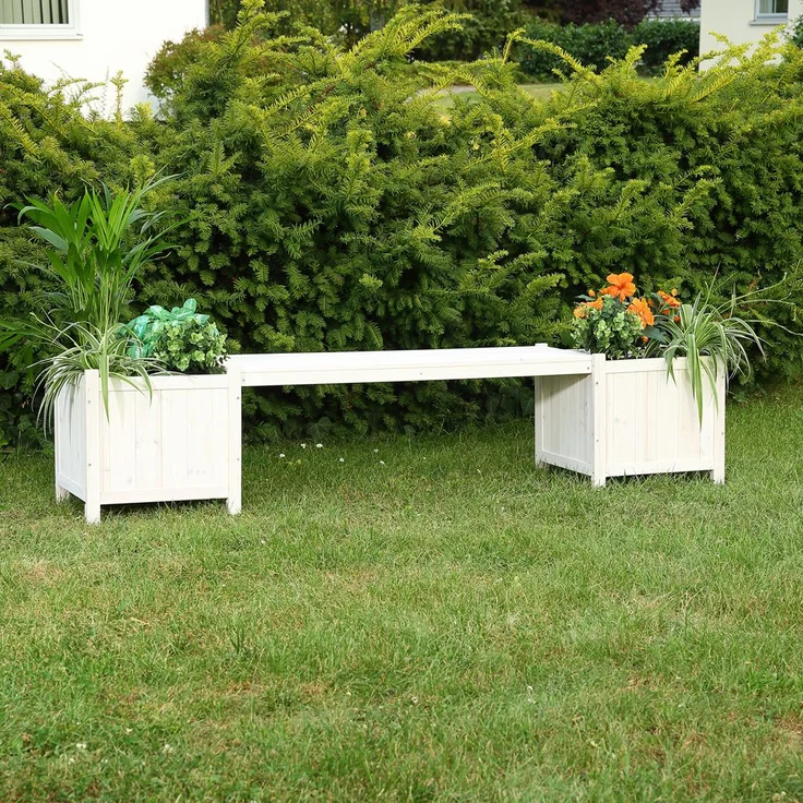 Gartenbank mit 2 Blumenkästen Garten Bank 2in1 Blumenkasten Holzbank weiß – Bild 1