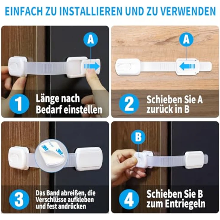 ECHOCUBE 10 Stück Kindersicherung für Schrank, Verstellbare Baby Schubladensicherungen mit 3M Kleber, Baby Sicherheitsschlösser für Schränke, Schubladen, Kühlschrank - Kein Bohren erforderlich (Weiß) – Bild 6
