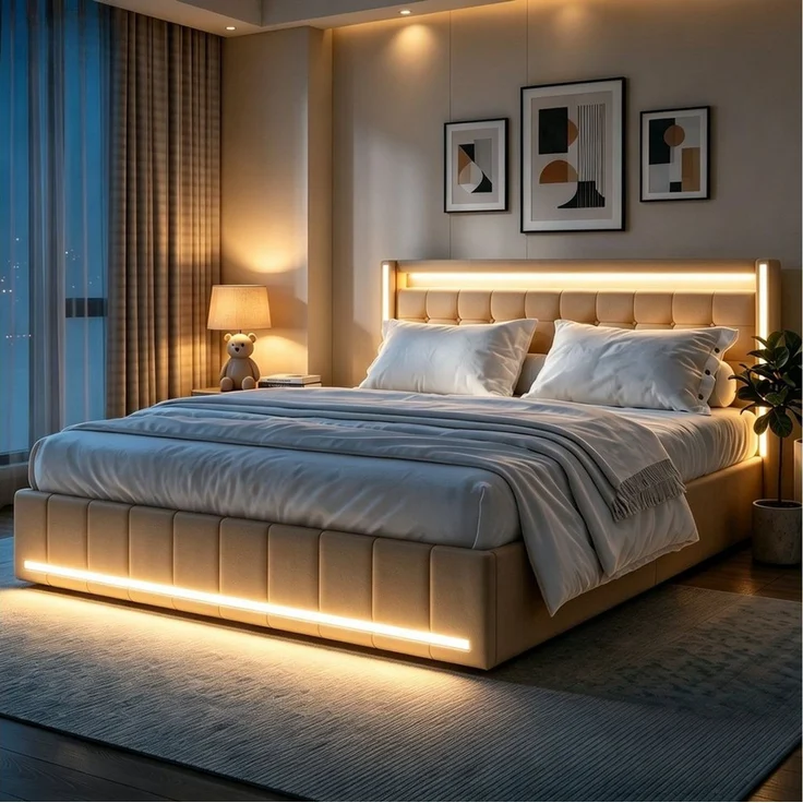Simurq Polsterbett 180 x 200 cm Doppelbett mit LED Beleuchtung und Ladefunktion (Mit Komforthöhe Lattenrost, Leises Design Bett), Jugendbett 4 Schubladen Stauraumbett, in 2 Größen verfügbar – Bild 1