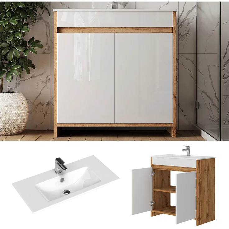 Waschbeckenunterschrank Lemgo Goldkraft Eiche 2-teilig Vicco – Bild 2