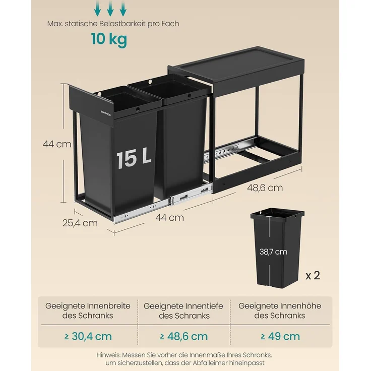 SONGMICS Mülleimer küche, Mülltrennsystem für Unterschrank, 2 x 15 L, Abfalleimer 2 Fächer, ausziehbar, Stahlrahmen, ABS-Deckel, tintenschwarz – Bild 6