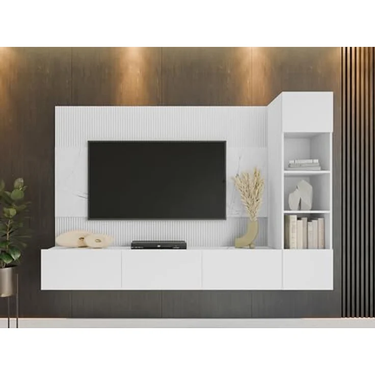 Mirjan24 Wohnwand, Weiß, Holzwerkstoff mit Marmor Optik, 220x150x38 cm, griffloses Öffnungssystem, Wohnzimmer Möbel – Bild 4