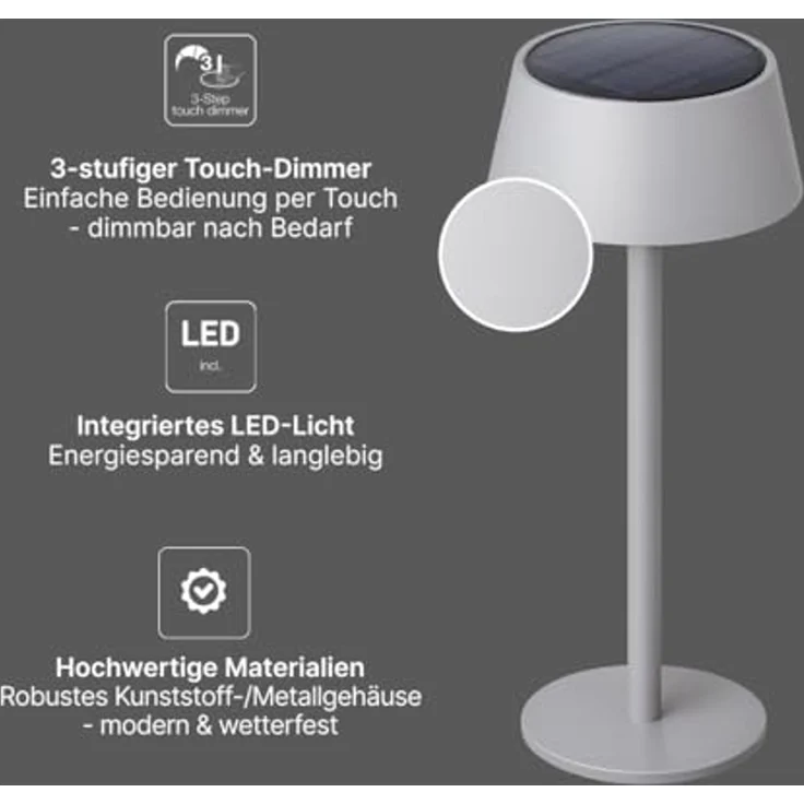 Brilliant Picco Solar Tischlampe Outdoor 30cm Grau Matt - LED Außentischleuchte mit USB & Akku, Dimmbar in 3 Stufen, IP44 Wassergeschützt – Bild 4