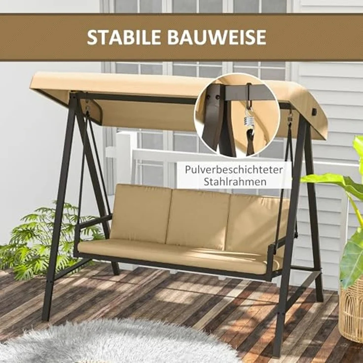Outsunny Hollywoodschaukel Schaukelbank mit Verstellbarem Dach, Rückenkissen, 3-Sitzer, mehrfach verstellbares Dach, Gartenschaukel, 1 tlg, Schwingbank, bis 360 kg Belastbar, Beige, 200 x 125 x 175 cm – Bild 3