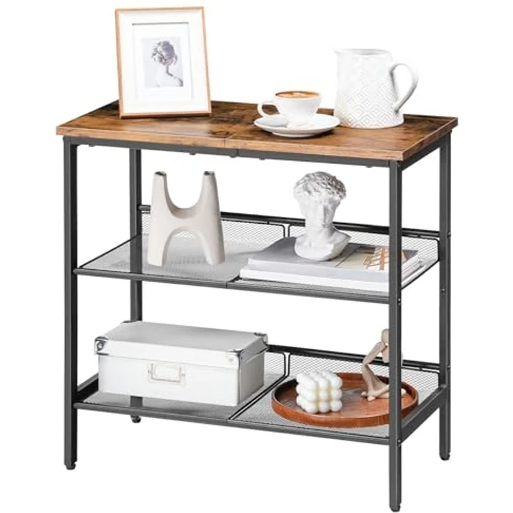 HOOBRO Beistelltisch, 3 Ebenen Couchtisch, Nachttisch mit 2 verstellbaren schrägen Regalen, für kleine Räume, Flur, Wohnzimmer, Schlafzimmer, Vintagebraun und Schwarz EBF23BZ01G1 – Bild 1