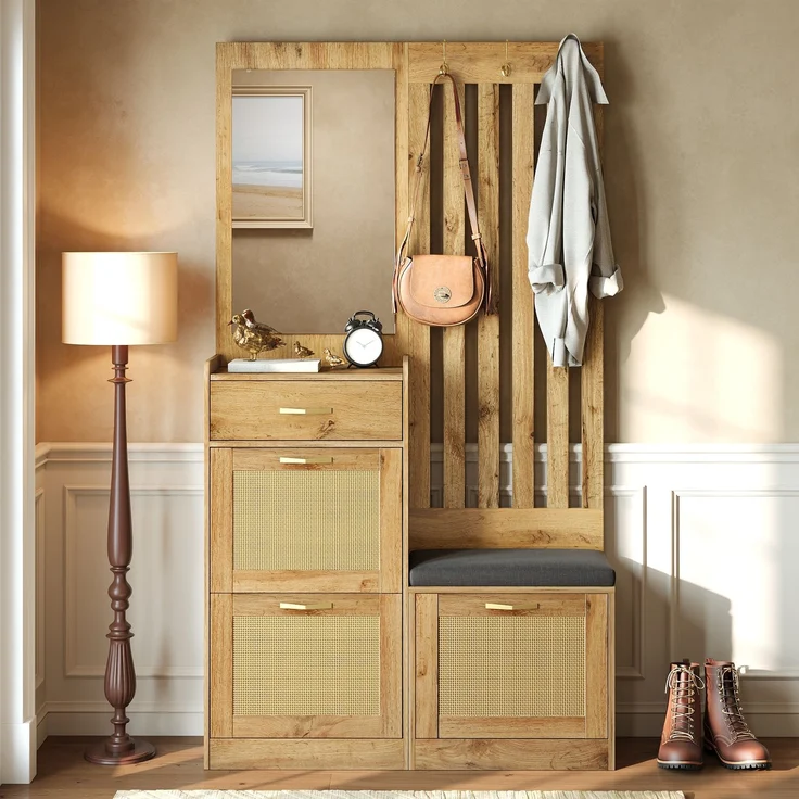 Faumrta Kompaktgarderobe mit Spiegel und Sitzbank,Flurgarderobe mit Schuhschrank und Haken, Kleiderhaken,Flurmöbel Set,Flurgarderobe. 99.5CM*26CM*180CMNaturalMDF (Medium-Density-Faserplatte) – Bild 9