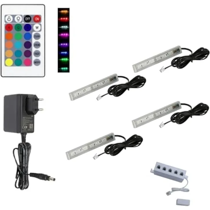 QLS LED Unterbauleuchte RGB 12V 2-8 Stück Schwarz, LED fest integriert, Glasbodenbeleuchtung Lichtleiste Fernbedienung 16 Farben Dimmbar