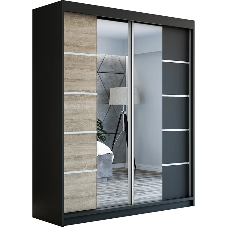 Schwebetürenschrank ERA 2-türig Schrank 160 cm (mit Spiegel) Farbe: Schwarz , sonoma – Bild 1