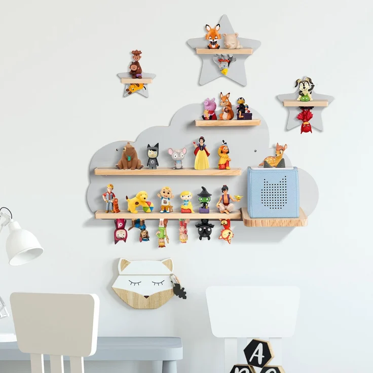 Todeco Tonie-Regal für Toniebox Hörfiguren, Magnetische Aufbewahrung für 20-25 Tonie, Perfekte Tonie Aufbewahrung im Kinderzimmer für Mädchen & Jungen, Graue Wolke und Stern – Bild 1