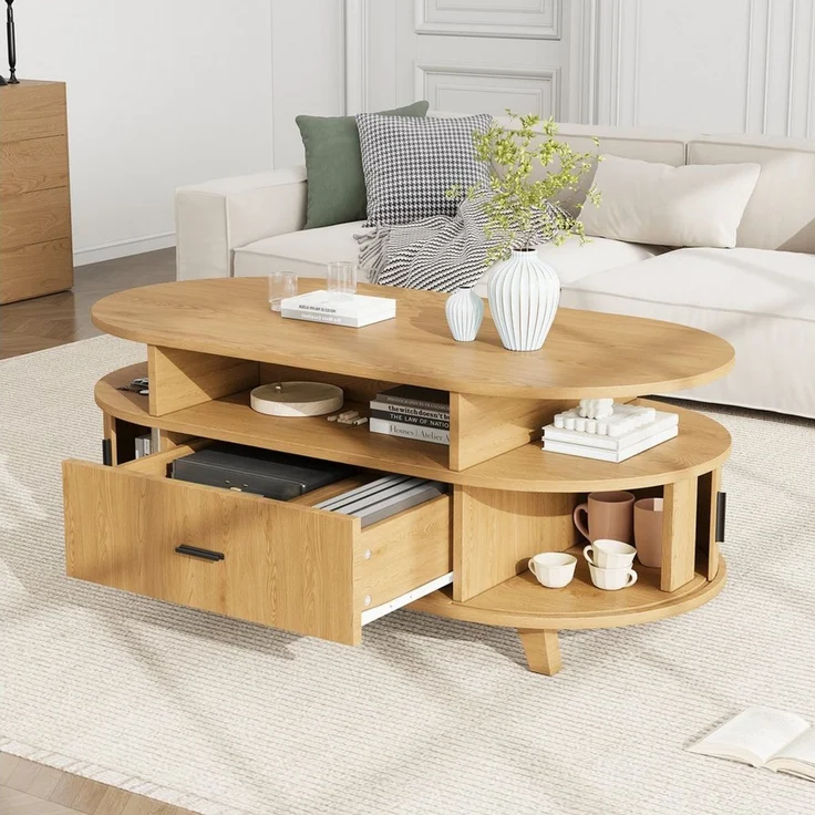 Merax Couchtisch mit 1 Schublade, 2 Rolltüren, 4 Holzbeine, offenen Fächern & Stauraum (100 x 50 x 40 cm, 1-St), Wohnzimmertisch Sofatisch mit vertikale Riffeloptik, abgerundete Ecken – Bild 2