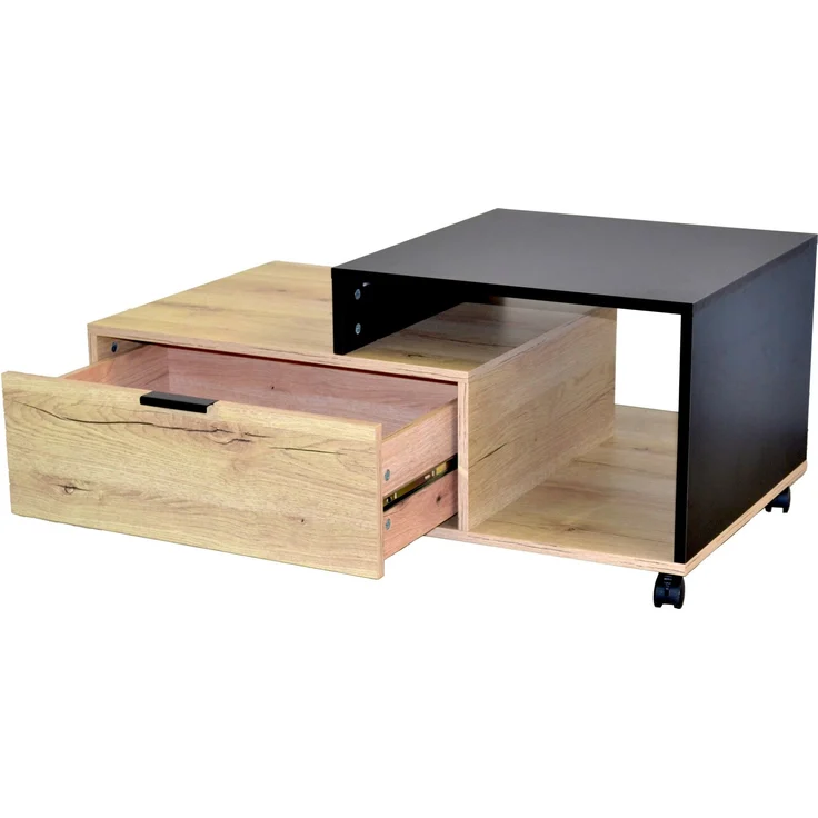 Moderner Couchtisch mit Stauraum – Eichedekor & Schwarz, Schublade, Rollen, 90 x 50 x 40 cm – Bild 2
