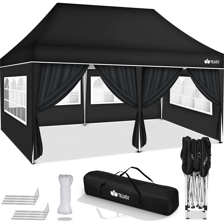 tillvex Pavillon 3x6m - mit 6 Seitenwänden Schwarz wasserdicht | Pop-Up Faltpavillon höhenverstellbar | Gartenzelt UV Schutz 50+ | Partyzelt mit Tasche für Garten – Bild 6