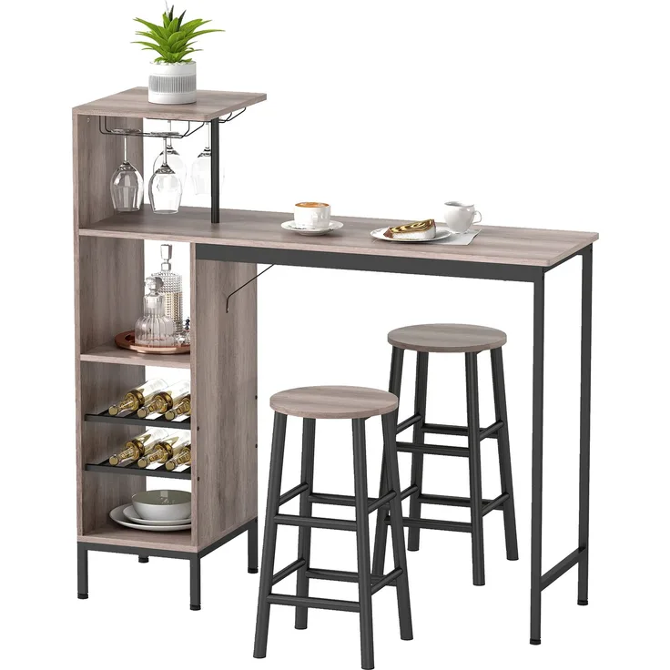3-tlg. Bartisch-Set mit Stauraum, Weinregalen, Glashaltern, Hockern mit Fußstütze, für kleine Räume, Grau--Grau--122x40x121.5cm--YOUDENOVA