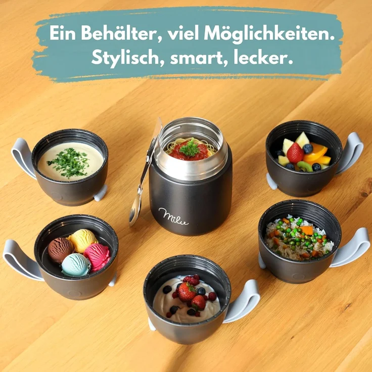Milu® Thermobehälter für Essen 650ml, Edelstahl Warmhaltebehälter mit Löffel, Thermobecher Essen, Thermo Lunchbox für Kinder, Erwachsene, Thermobox Suppen, Babybrei, Speisebehälter Schwarz, 650ml – Bild 2