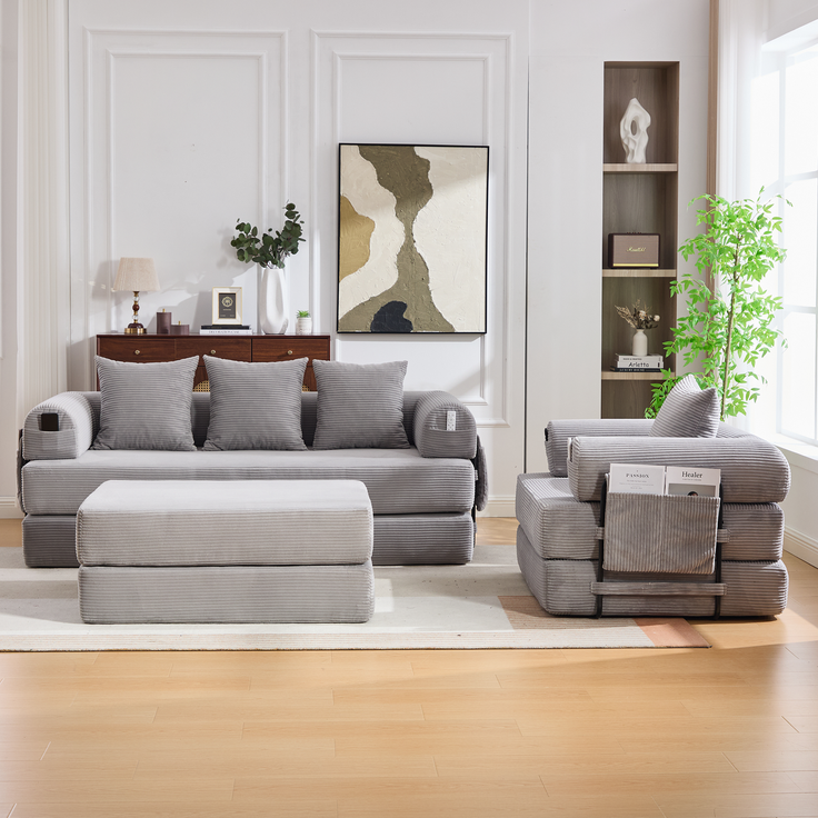Sofa-Set modular mit flexibler Sitzfläche, 3-Sitzer, Sessel & Hocker 200x190x67 cm, Cord Hellgrau – Bild 4