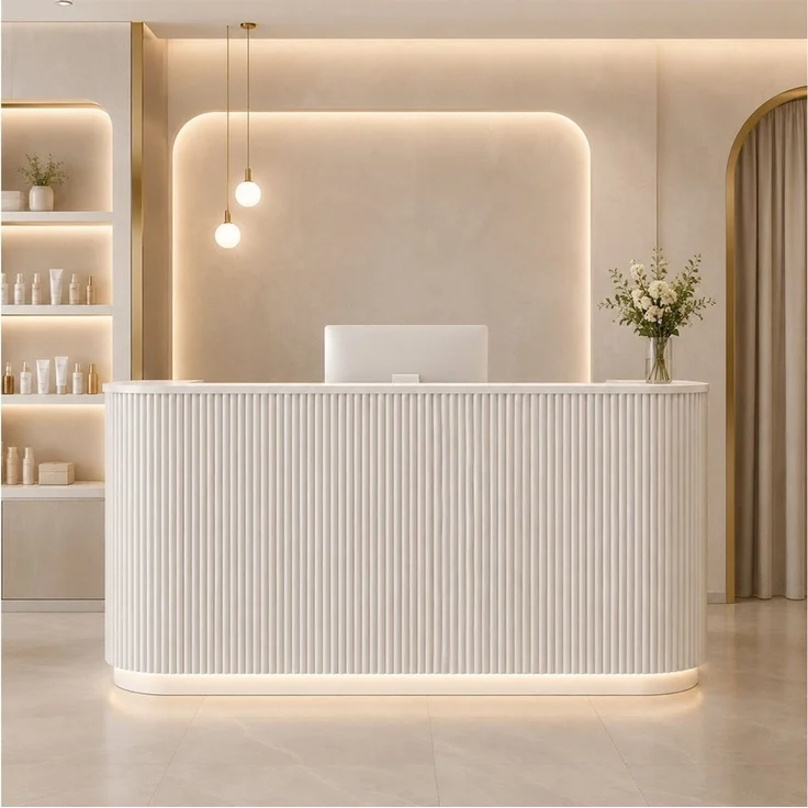Muxing Empfangstheke Geschwungene,mit Rillenfront und LED-Lichtstreifen (1-St), modern, vielseitig, sofort einsatzbereit, 80 x 100 x 60 cm, Beige – Bild 1