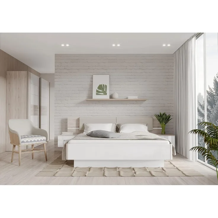 FORTE RONDINO Bett mit Nachttischen, Liegefläche 180x200 cm, Holzwerkstoff, Sandeiche / Weiß Hochglanz, 285x91. 7x209 cm