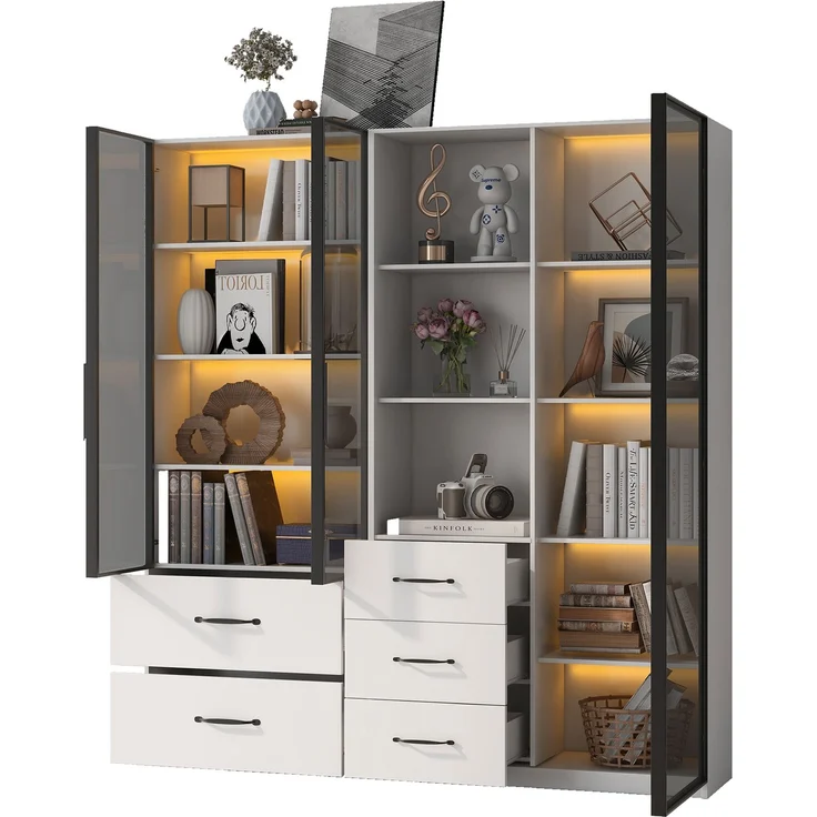 Vitrine 140x40x160 cm, zweiteilig mit LED, Glasfront und Schubladen, Weiß – Bild 3