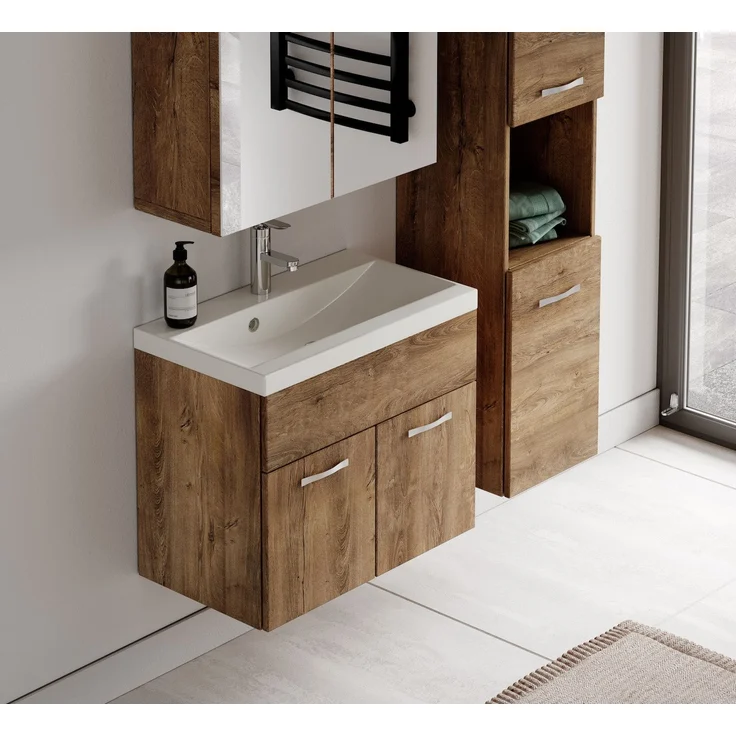 Badplaats Badmöbel Komplettset Montreal 60x35 cm Braun Eiche - Badezimmermöbel mit Waschbecken, Spiegelschrank und Badezimmerschrank – Bild 4