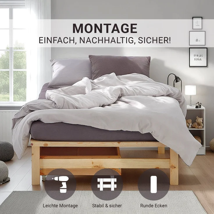 Holzbett 90x200 mit Matratze Bettkasten 2er Set Holzbettrahmen Palettenbett Einzelbett Bett Massiv Holz – Bild 5