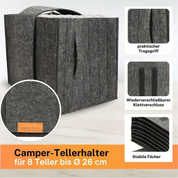 wortek Organizer Tellerhalter Filz, für 8 Teller, Camping Zubehör (Set, 1 St, 1-tlg), Filztasche für 8 Teller – Bild 4
